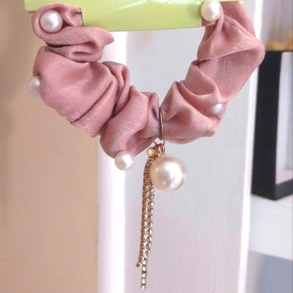 Pearls on Pink Mauve Hair Tie w/ Crystals & Tassel Chain